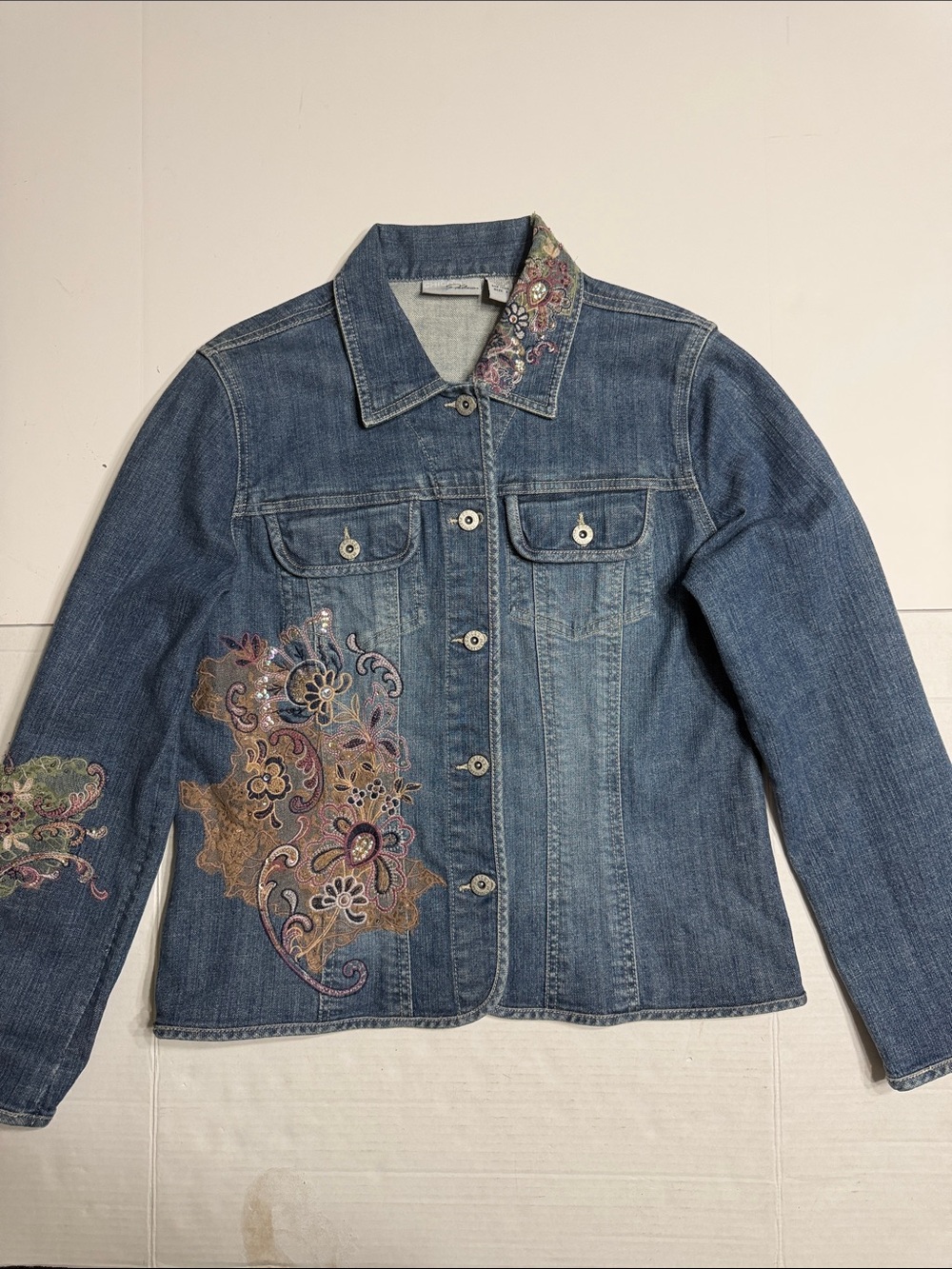 Chico's Vintage Blue Denim Jacket with Floral Embroidery
